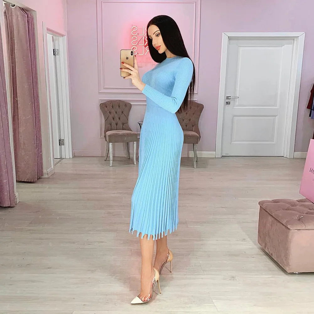 Liliane | Robe midi en tricot côtelé avec ourlet évasé et élégance intemporelle pour femmes