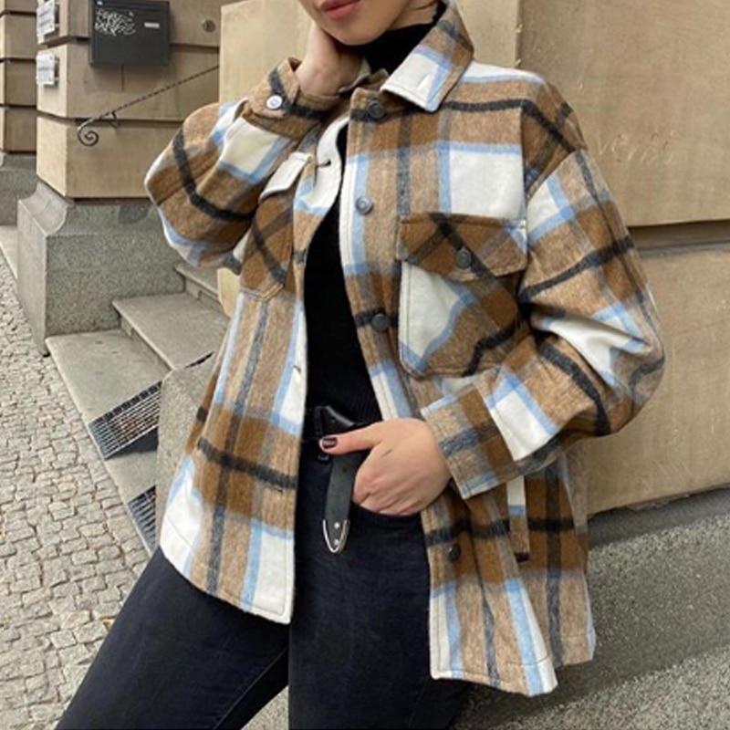 Mélodie | Surchemise en Laine Oversize avec Motif à Carreaux et Poches pour Femmes