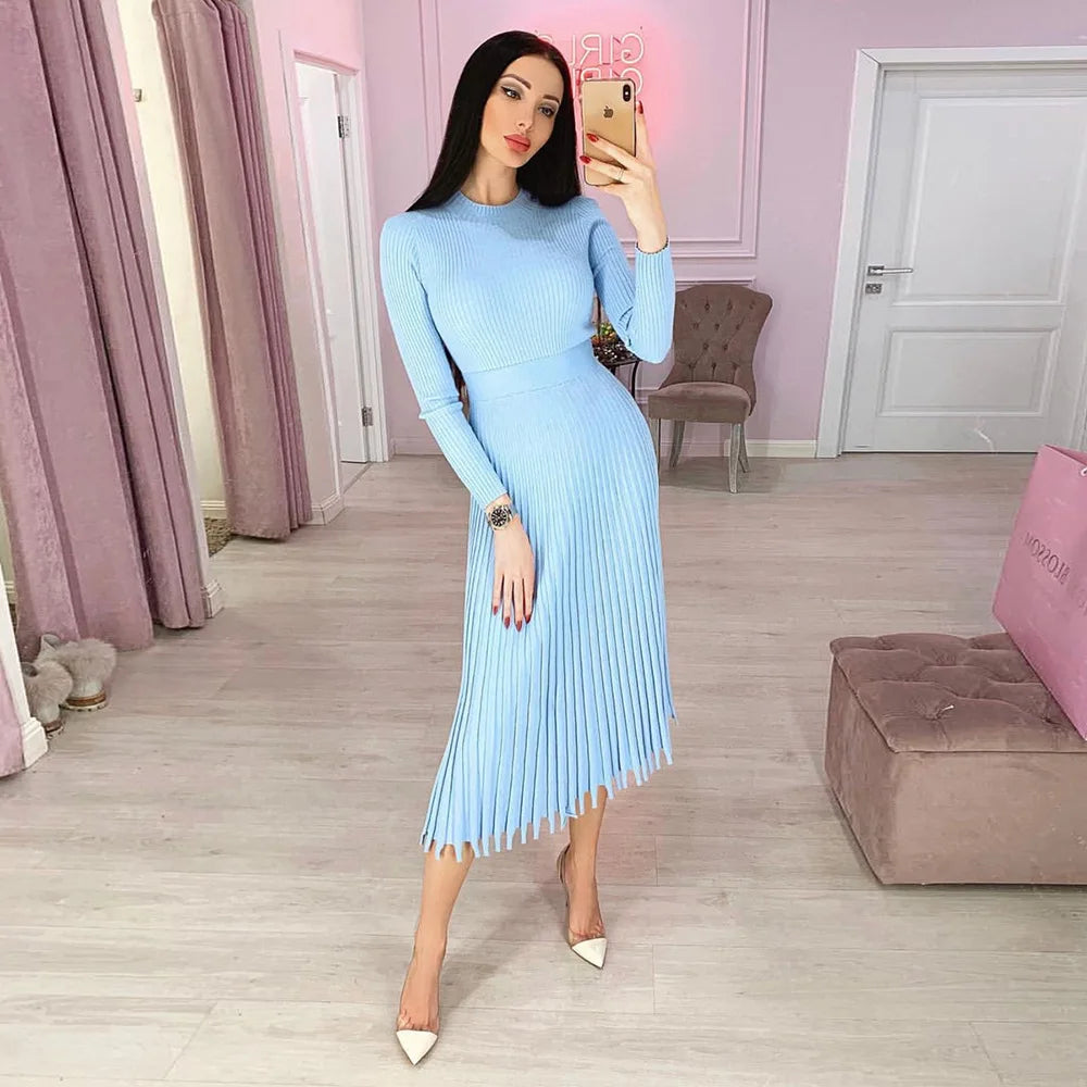 Liliane | Robe midi en tricot côtelé avec ourlet évasé et élégance intemporelle pour femmes