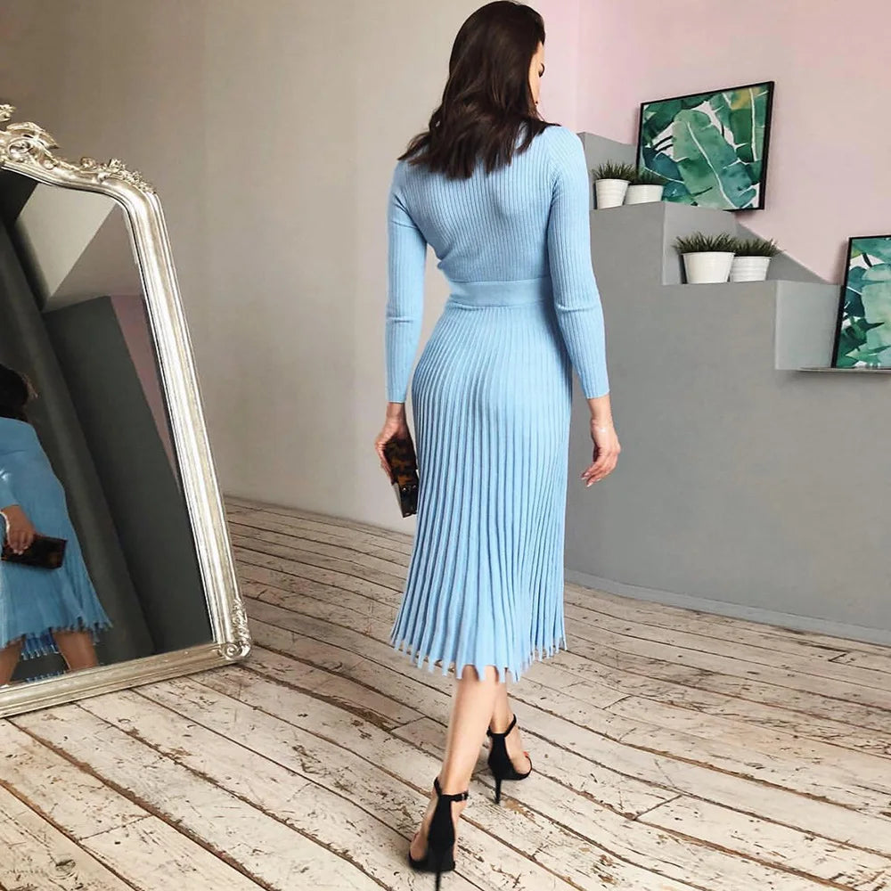 Liliane | Robe midi en tricot côtelé avec ourlet évasé et élégance intemporelle pour femmes
