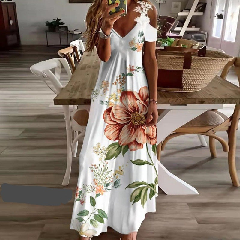 Destiny - Robe longue élégante à motif floral - estivale, col V, sans manches en coton mélangé