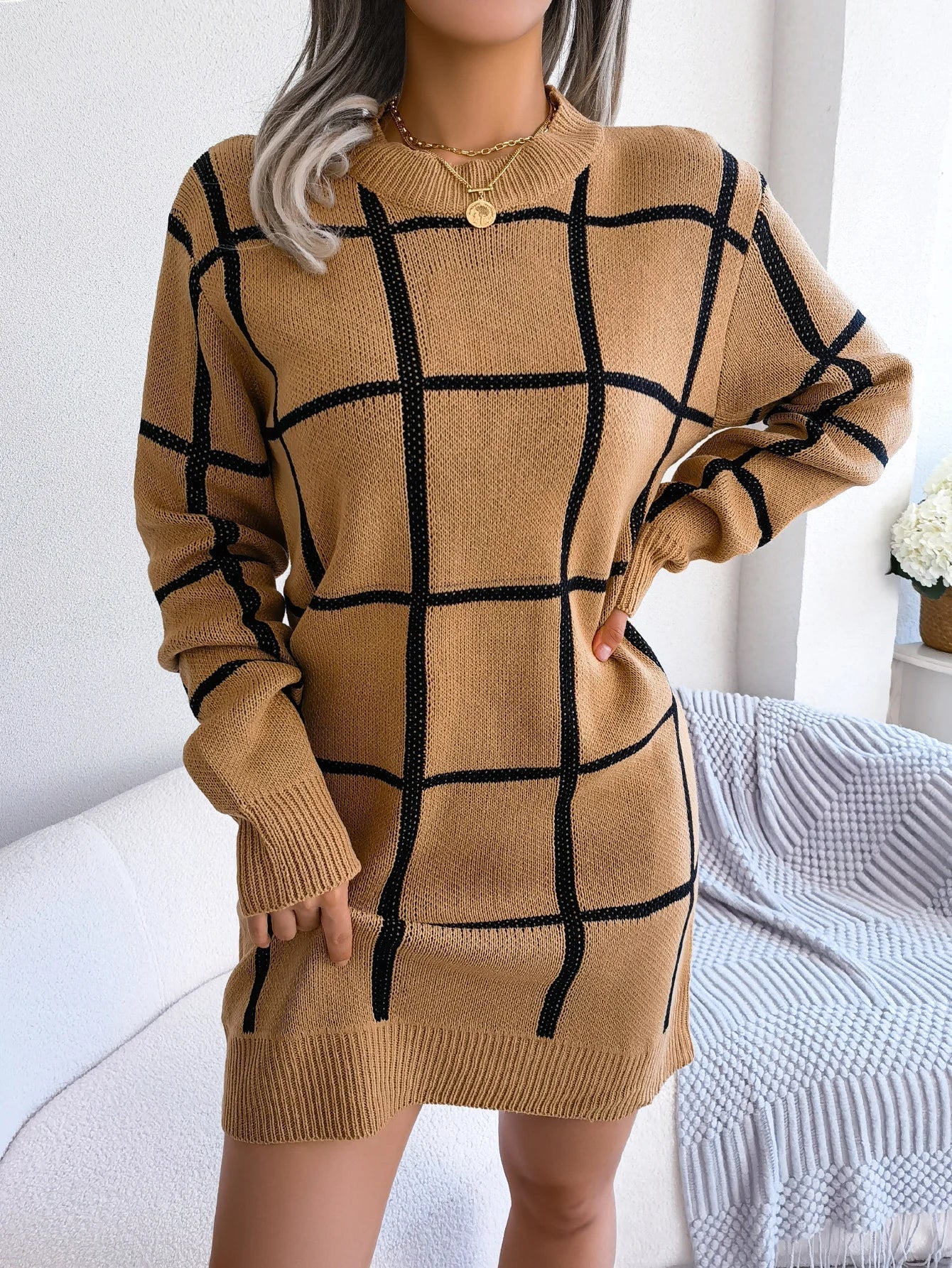 Parisa - Robe Chic À Carreaux À Manches Longues