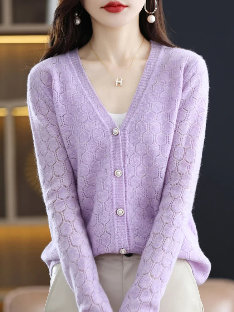Héloïse - Cardigan Ajouré en Pure Laine et Cachemire
