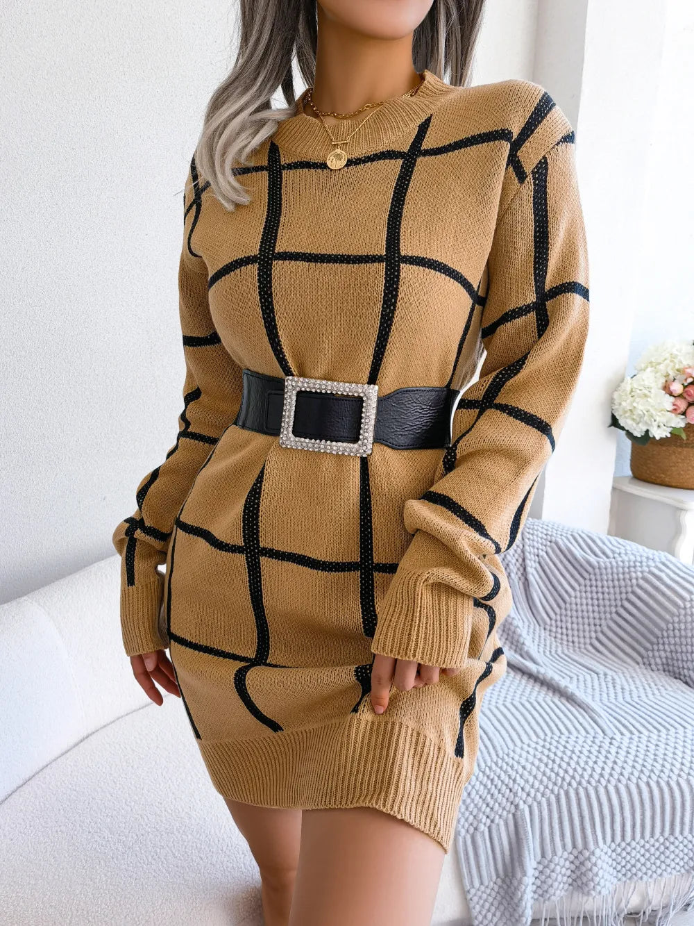 Parisa - Robe Chic À Carreaux À Manches Longues