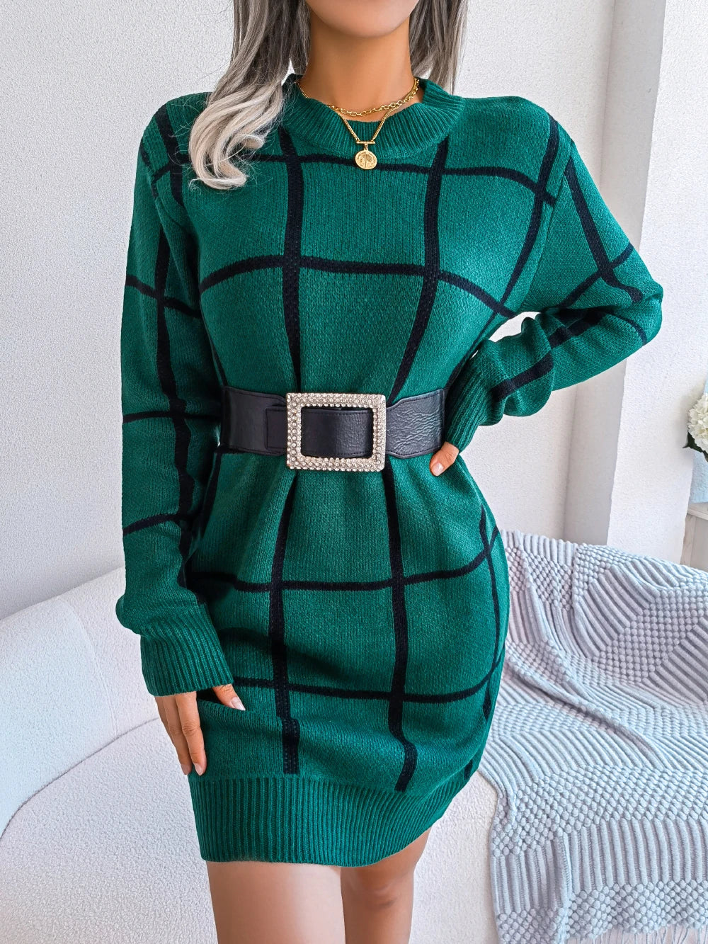 Parisa - Robe Chic À Carreaux À Manches Longues