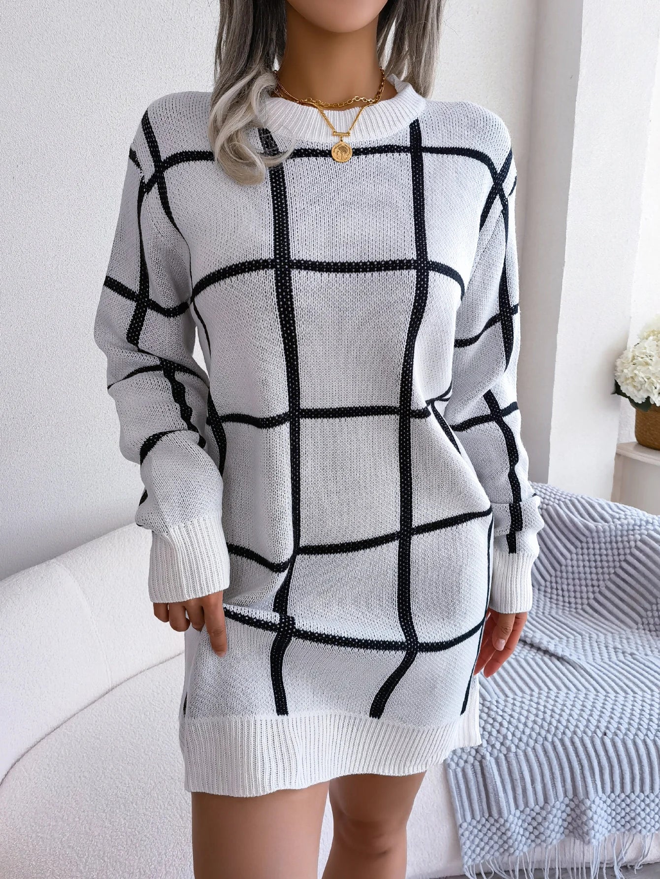 Parisa - Robe Chic À Carreaux À Manches Longues