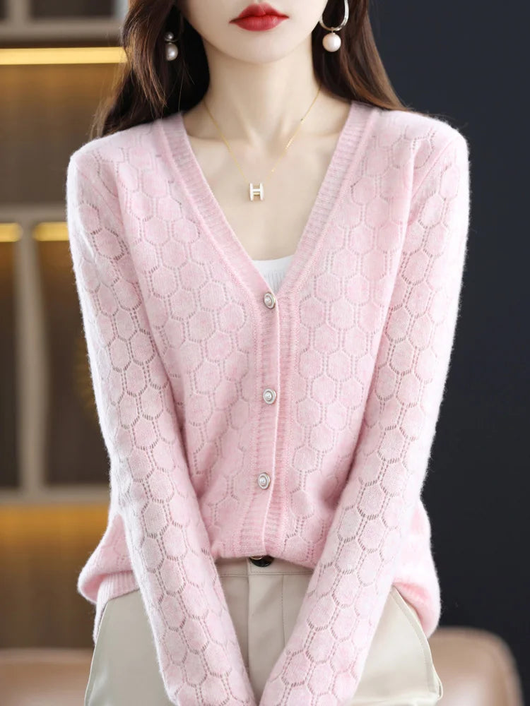 Héloïse - Cardigan Ajouré en Pure Laine et Cachemire