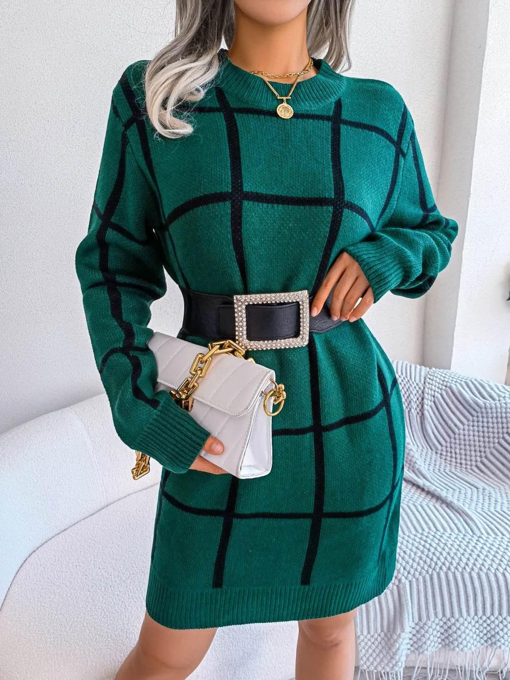 Parisa - Robe Chic À Carreaux À Manches Longues