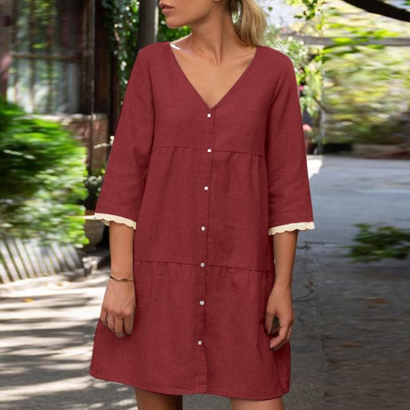 Emmy - Robe en lin confortable avec dentelle et patte de boutonnage