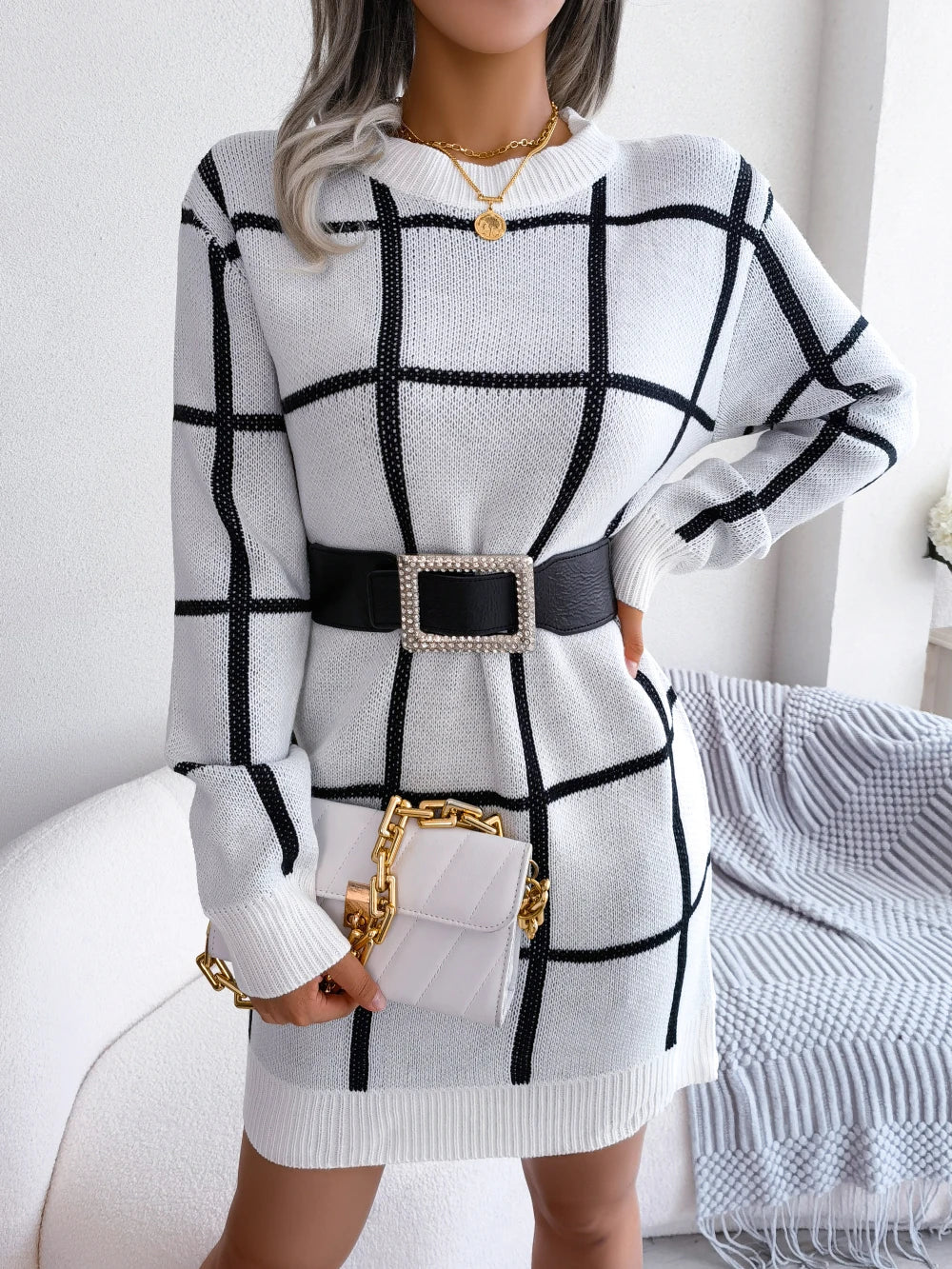 Parisa - Robe Chic À Carreaux À Manches Longues