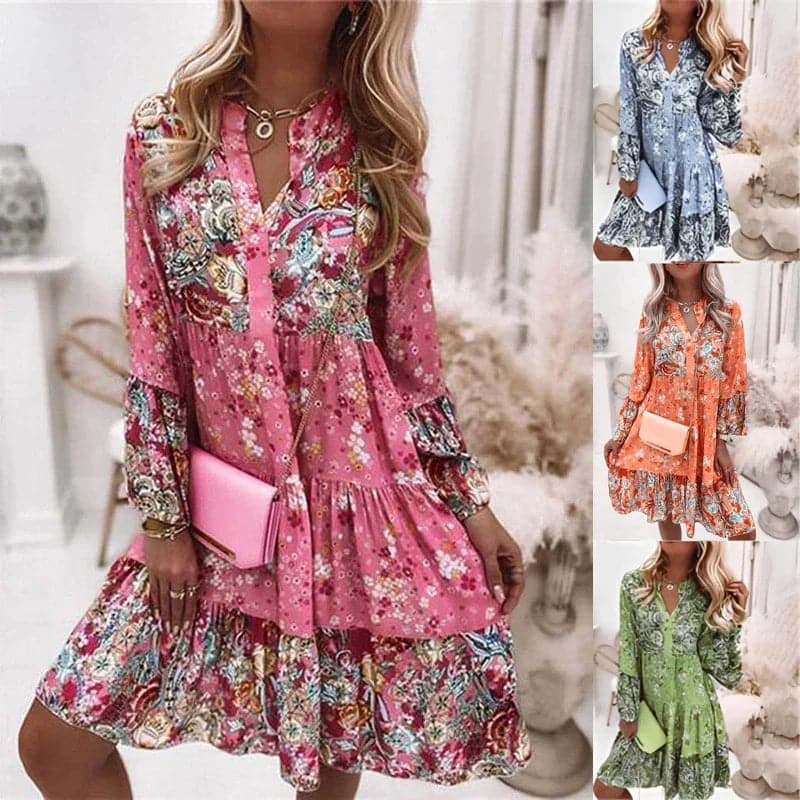Leah - Robe d'été col V multicolore