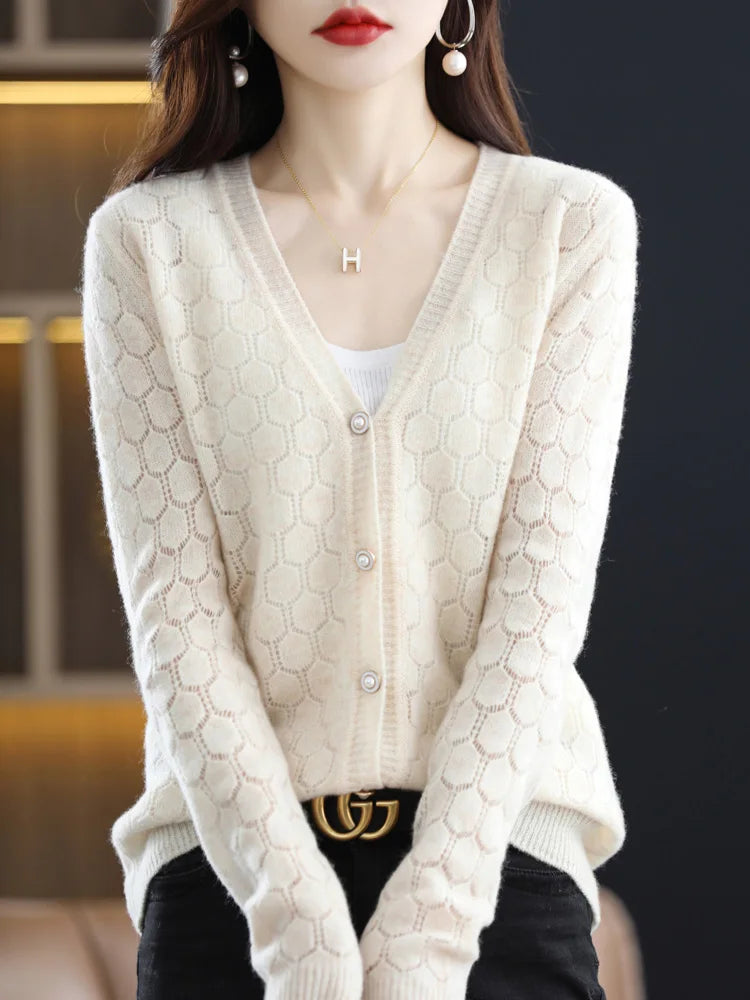 Héloïse - Cardigan Ajouré en Pure Laine et Cachemire