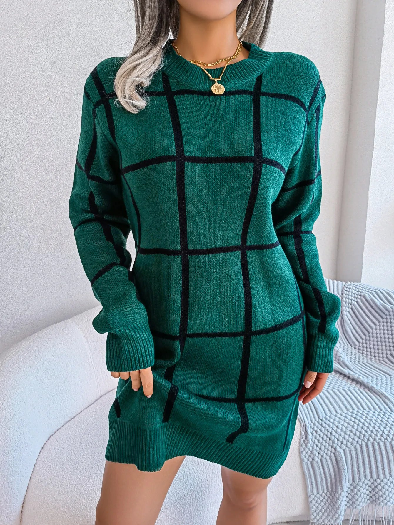 Parisa - Robe Chic À Carreaux À Manches Longues