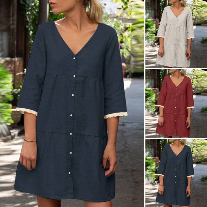 Emmy - Robe en lin confortable avec dentelle et patte de boutonnage