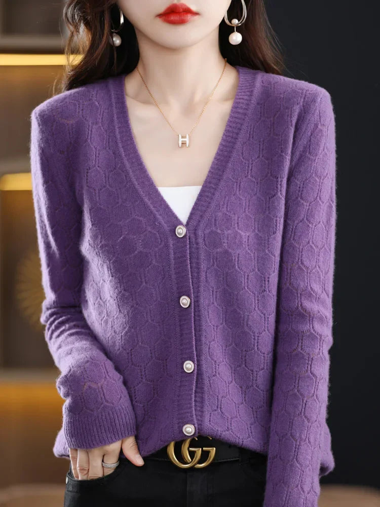 Héloïse - Cardigan Ajouré en Pure Laine et Cachemire