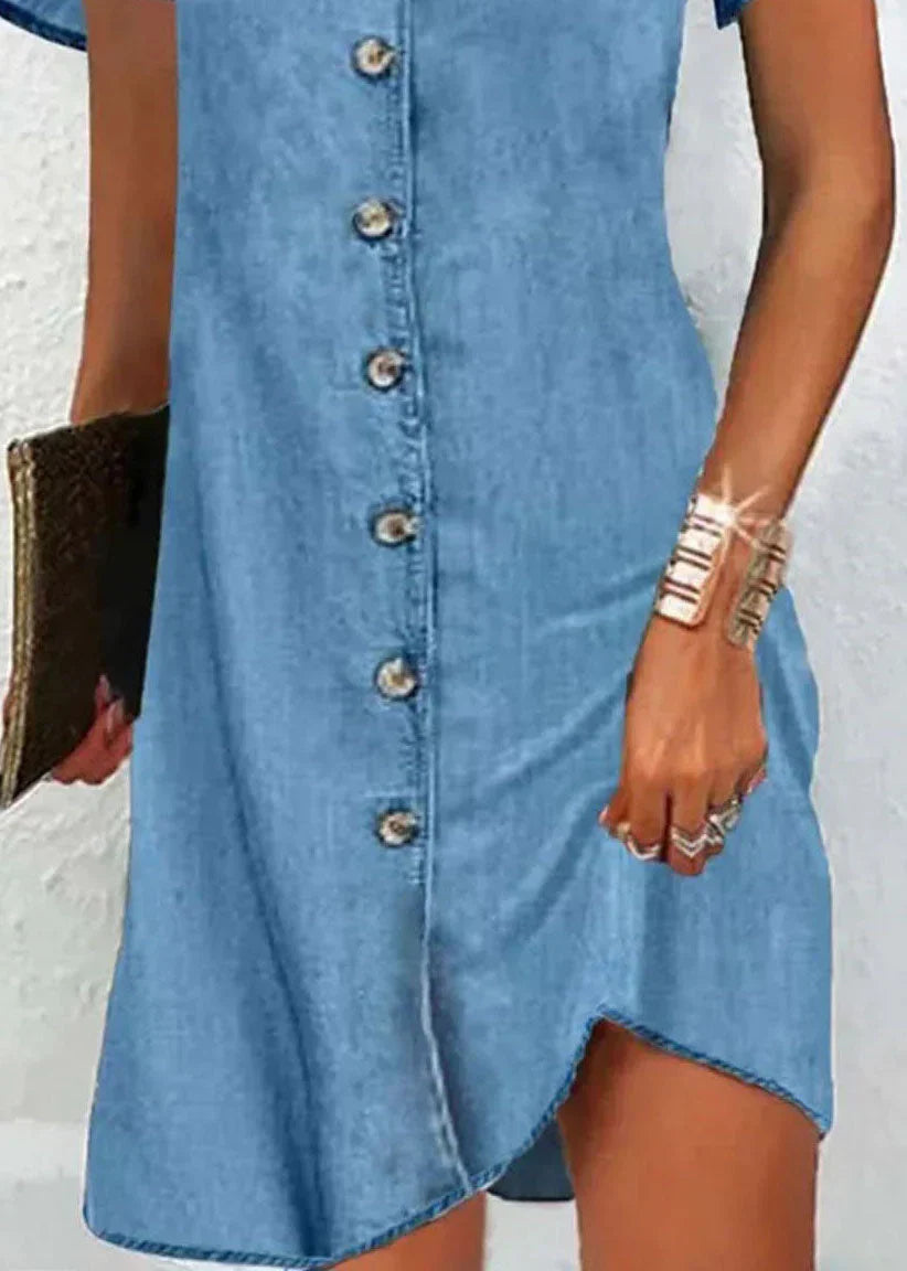 Jackie – Robe simple en denim bleu à manches courtes et col en V