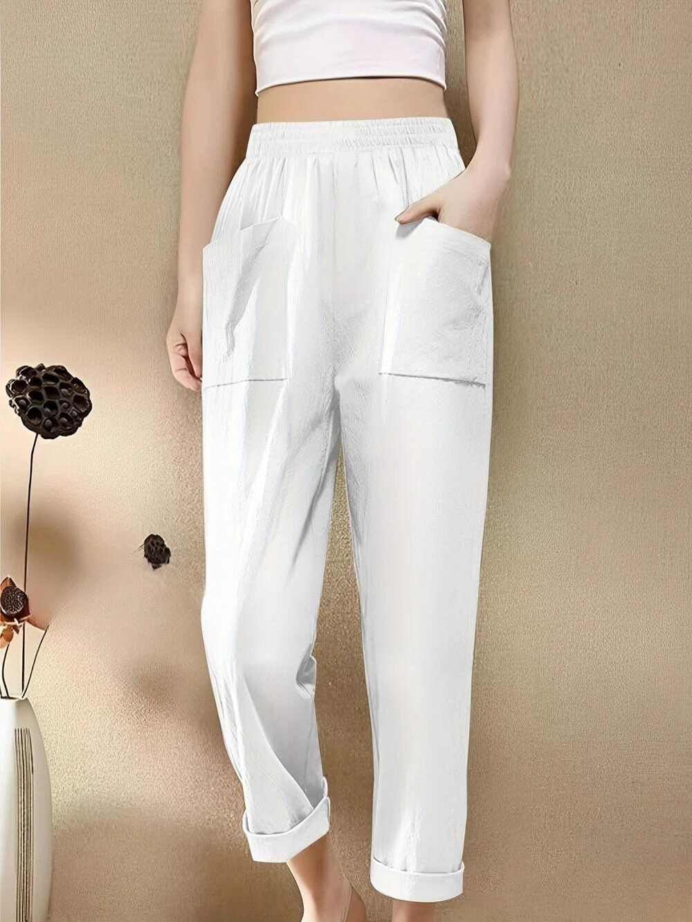 Maria - Pantalon droit élastique uni à poches pour femmes plus size