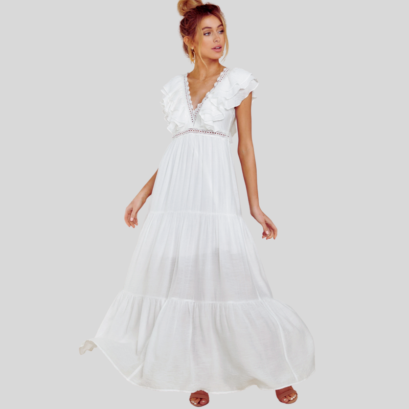 Nala - Robe longue élégante avec col V et dentelle