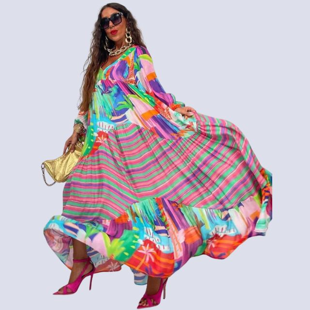 Léonie | Robe Maxi Boho avec Décolleté en V et Imprimé Vintage pour Femmes