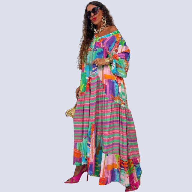 Léonie | Robe Maxi Boho avec Décolleté en V et Imprimé Vintage pour Femmes