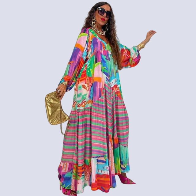 Léonie | Robe Maxi Boho avec Décolleté en V et Imprimé Vintage pour Femmes