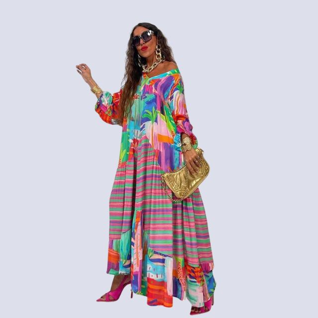 Léonie | Robe Maxi Boho avec Décolleté en V et Imprimé Vintage pour Femmes