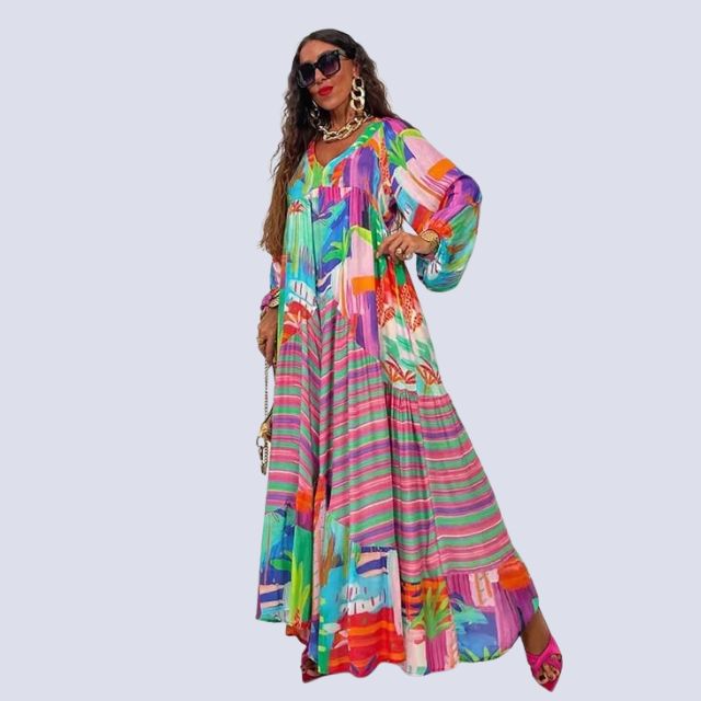 Léonie | Robe Maxi Boho avec Décolleté en V et Imprimé Vintage pour Femmes