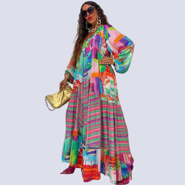 Léonie | Robe Maxi Boho avec Décolleté en V et Imprimé Vintage pour Femmes