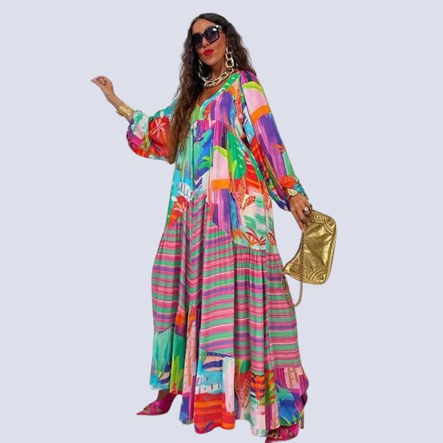 Léonie | Robe Maxi Boho avec Décolleté en V et Imprimé Vintage pour Femmes