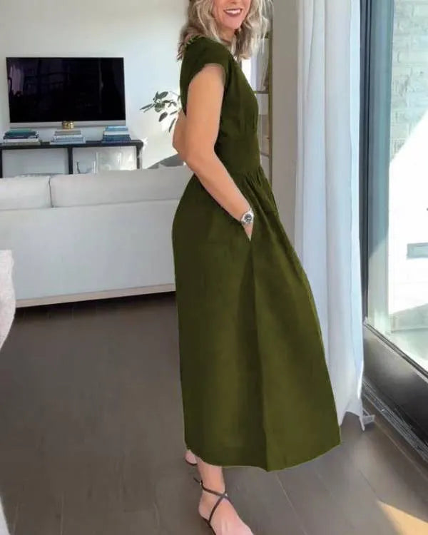 Rebecca - élégante robe longue à taille élastique en coton lin uni