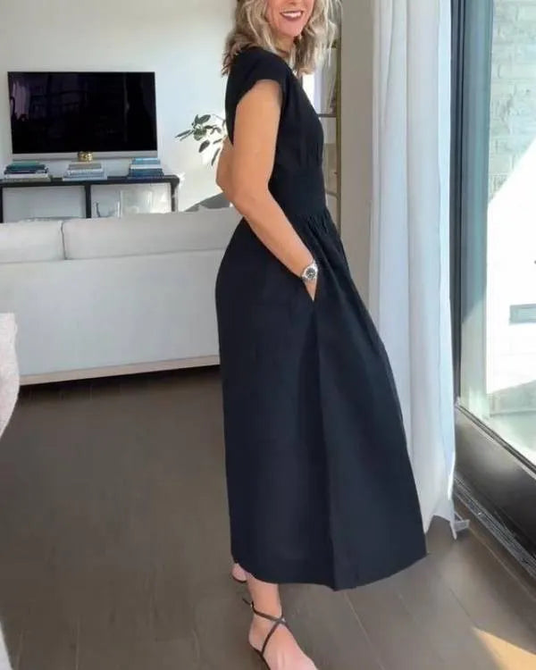 Rebecca - élégante robe longue à taille élastique en coton lin uni
