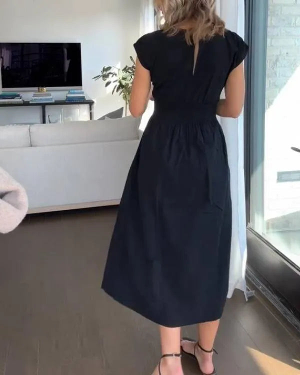Rebecca - élégante robe longue à taille élastique en coton lin uni