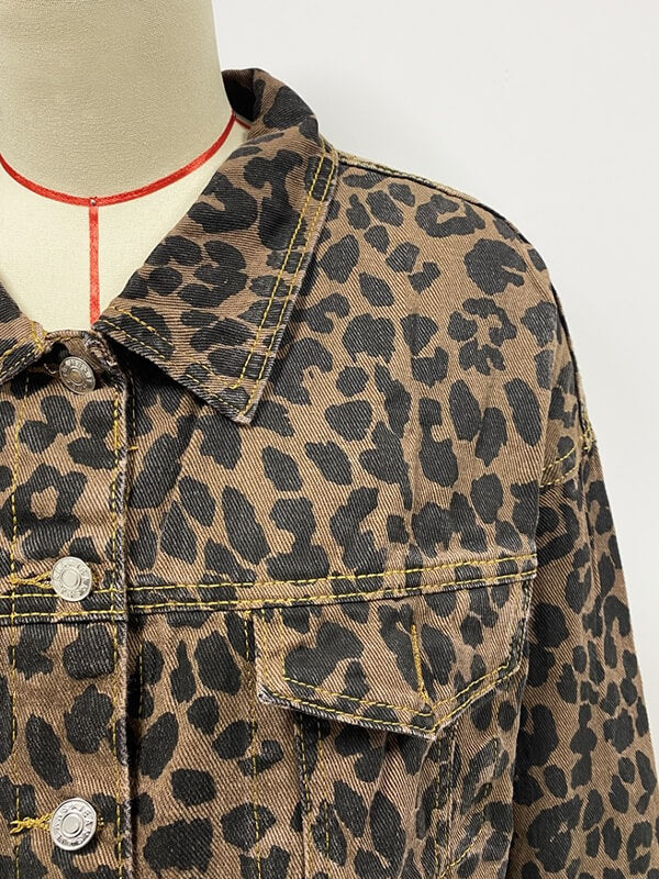 Léona | Veste en Jean avec Imprimé Léopard et Manches Longues pour Femmes