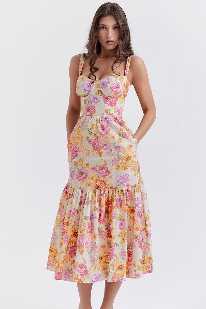 Soleil | Robe Midi Évasée avec Imprimés Floraux Élégants pour Femmes