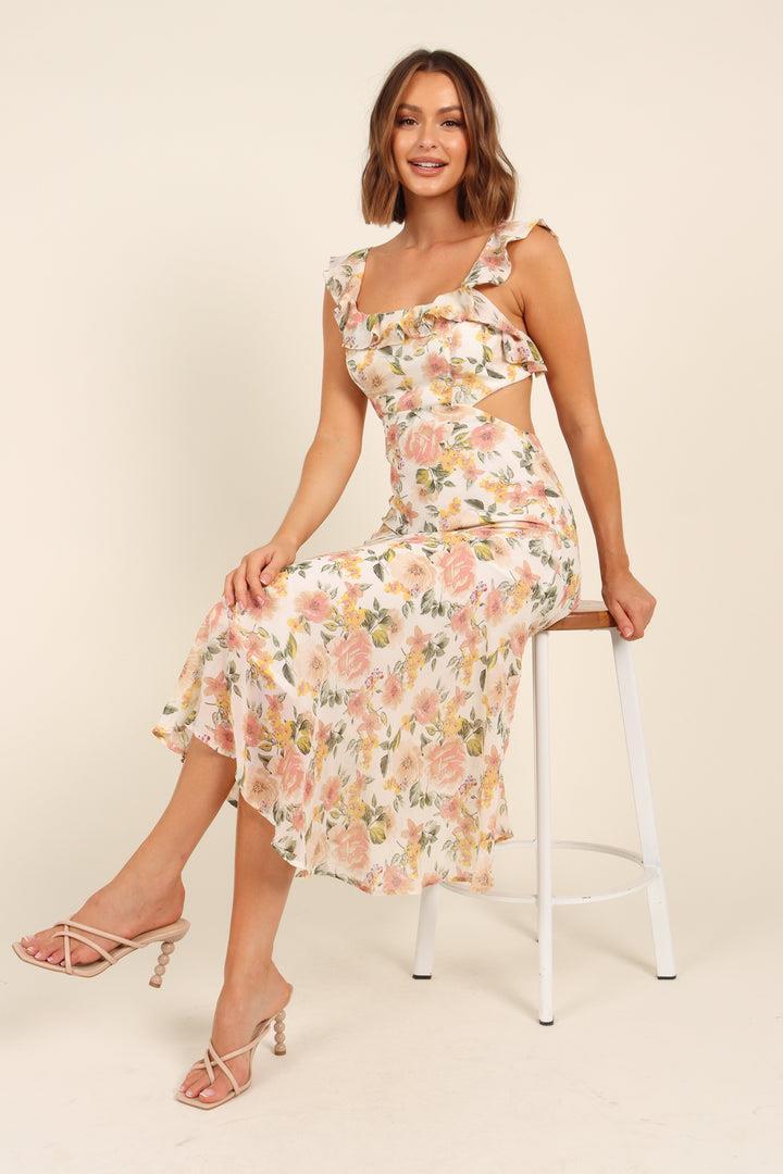 Léonie | Robe Midi Évasée avec Motifs Floraux et Détails Élégants pour Femmes