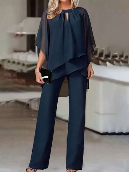 Hailie - Ensemble deux pièces urbain ample à encolure ronde élégante en chiffon uni