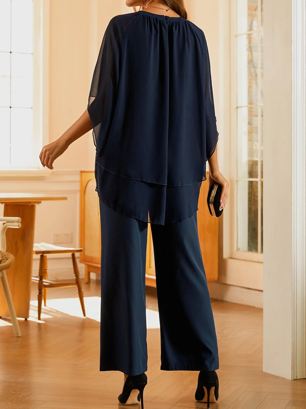 Hailie - Ensemble deux pièces urbain ample à encolure ronde élégante en chiffon uni