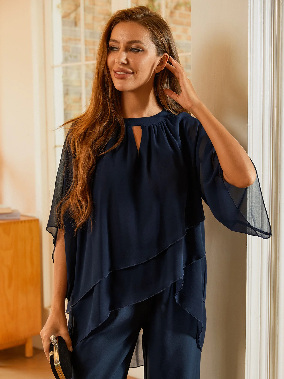 Hailie - Ensemble deux pièces urbain ample à encolure ronde élégante en chiffon uni