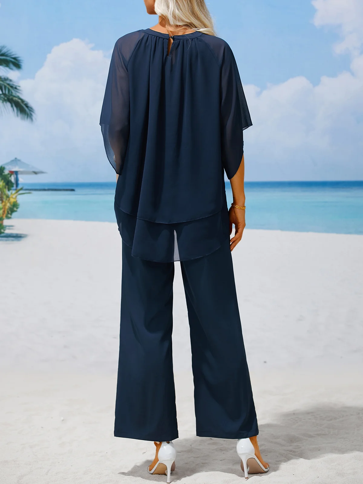 Hailie - Ensemble deux pièces urbain ample à encolure ronde élégante en chiffon uni