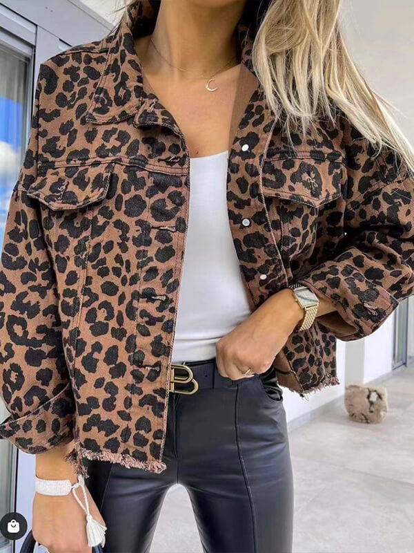 Léona | Veste en Jean avec Imprimé Léopard et Manches Longues pour Femmes