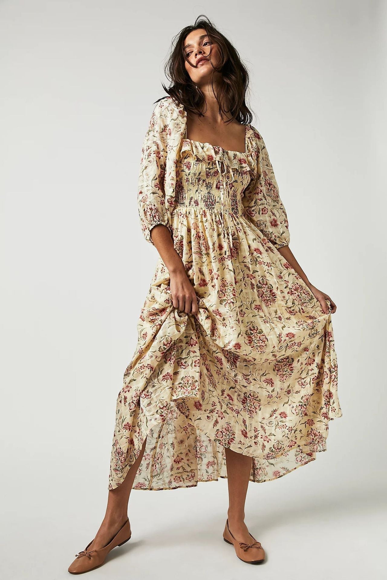 Inès | Robe Midi Imprimée avec Volants Élégants et Motifs Floraux pour Femmes