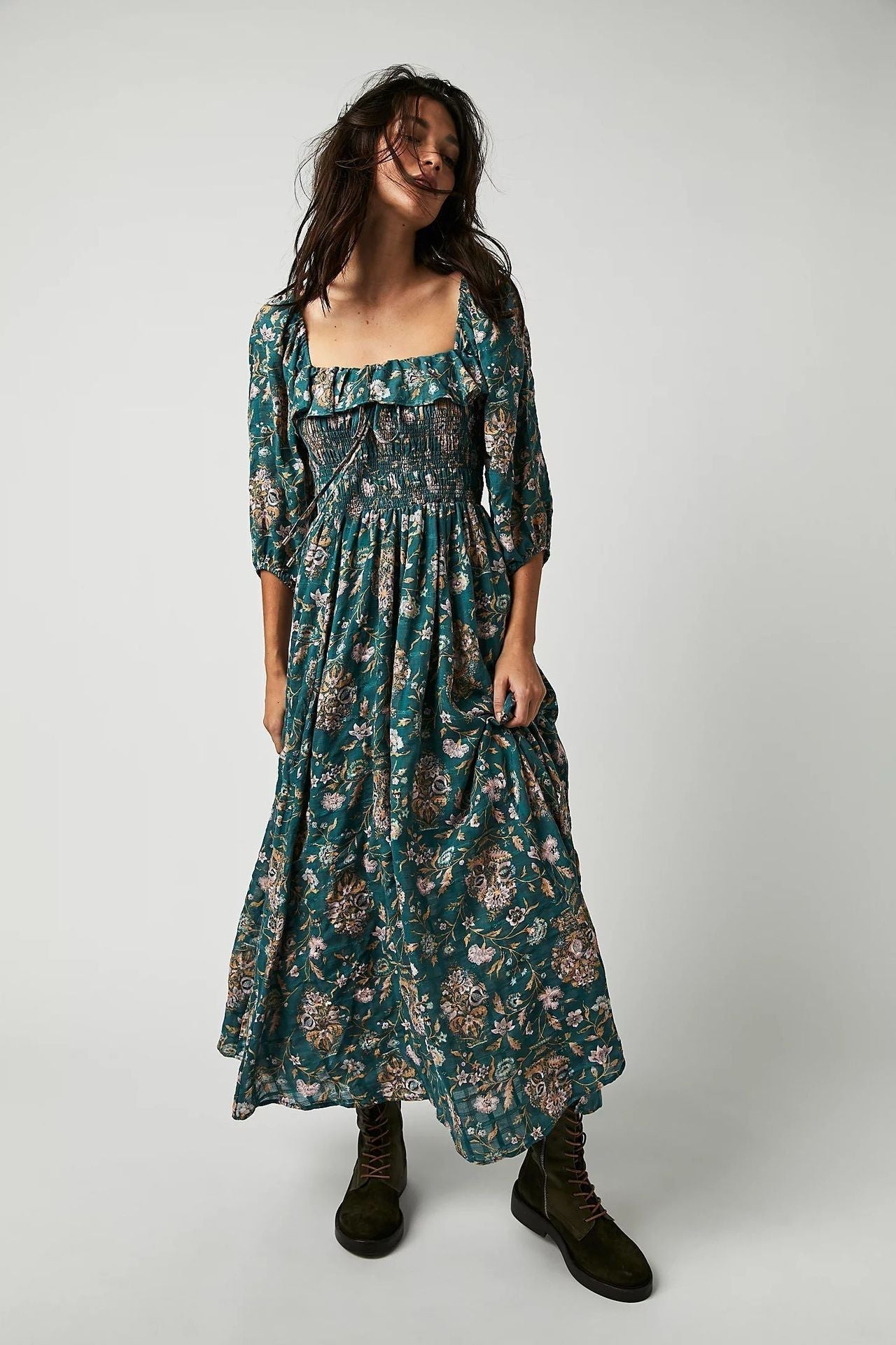 Inès | Robe Midi Imprimée avec Volants Élégants et Motifs Floraux pour Femmes