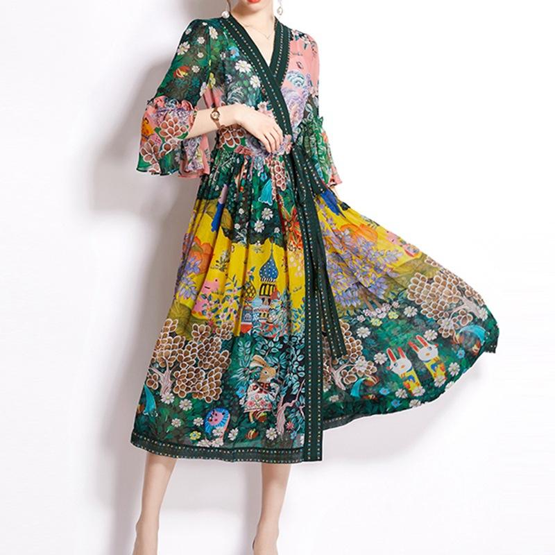 Léonie | Robe Vintage en Mousseline de Soie avec Motifs Uniques et Silhouette Élégante pour Femmes