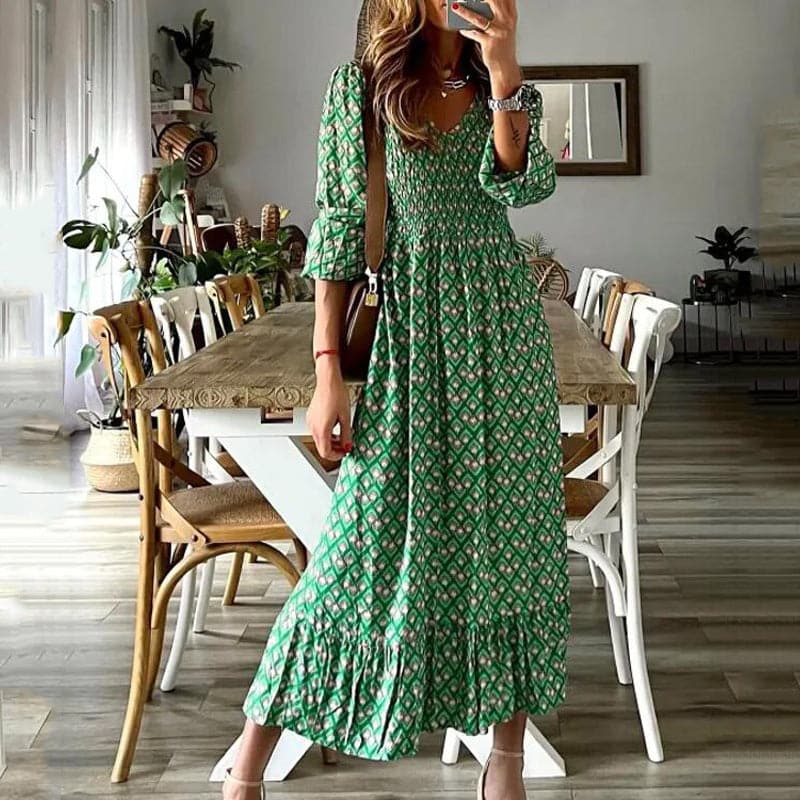 Johanna - Robe longue stretch classique avec col V et volants