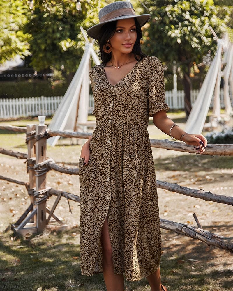 Tameka - Robe midi stylée à imprimé léopard