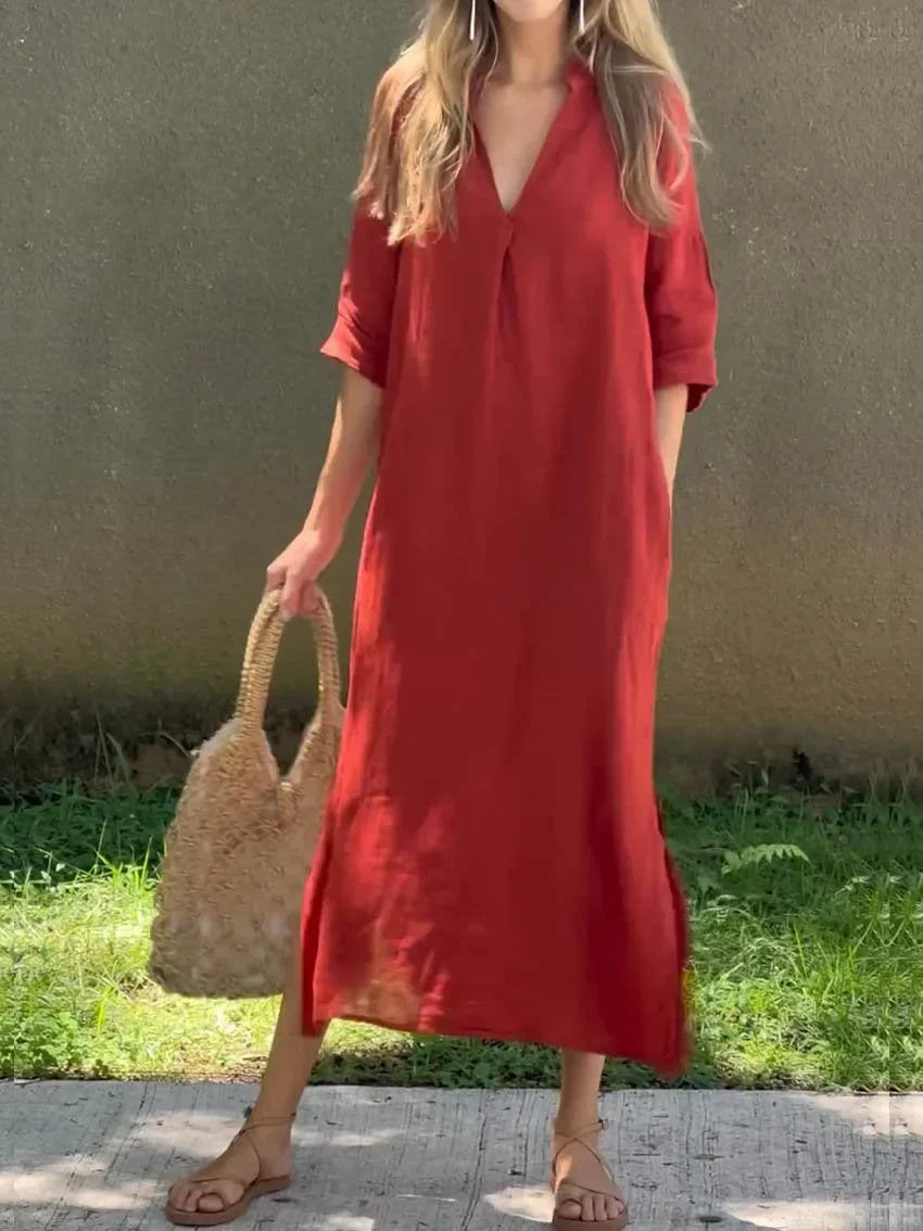 BelleRue - Robe en lin à col en V de couleur unie pour femme, avec poche et col en V