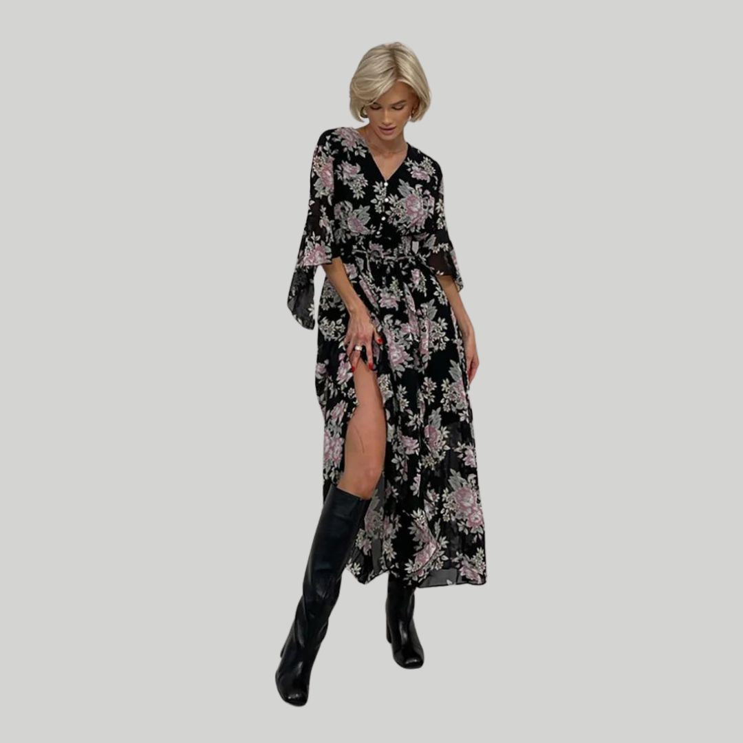 Soleil | Robe Midi avec Silhouette Élégante et Motif Floral pour Femmes