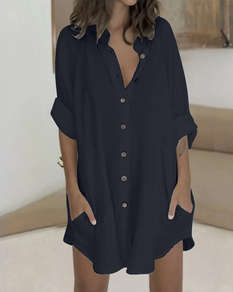 Tuva - Robe chemise unie avec bouton et poche