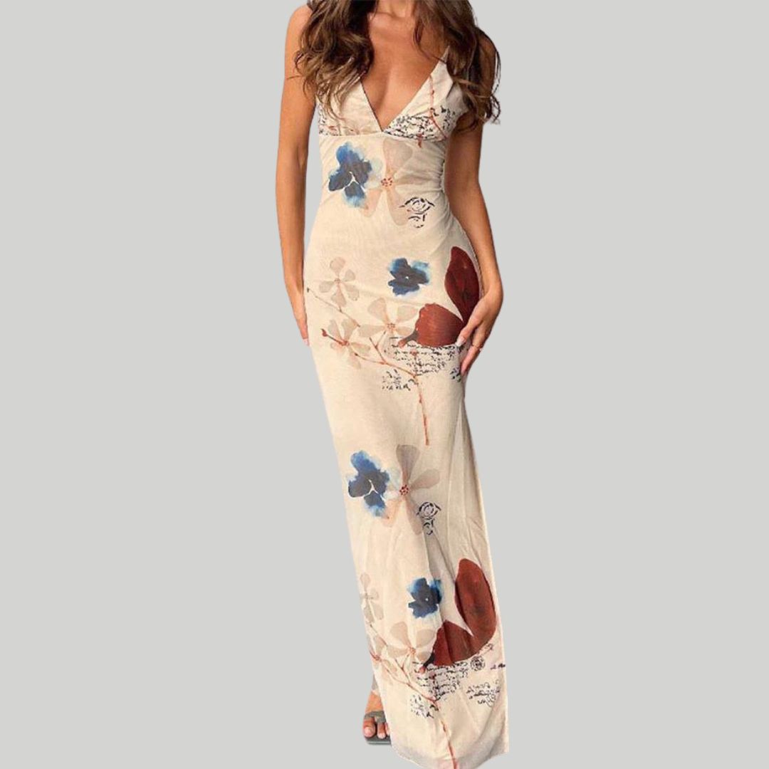 Soleil | Robe Maxi avec Imprimé Floral et Décolleté en V pour Femmes