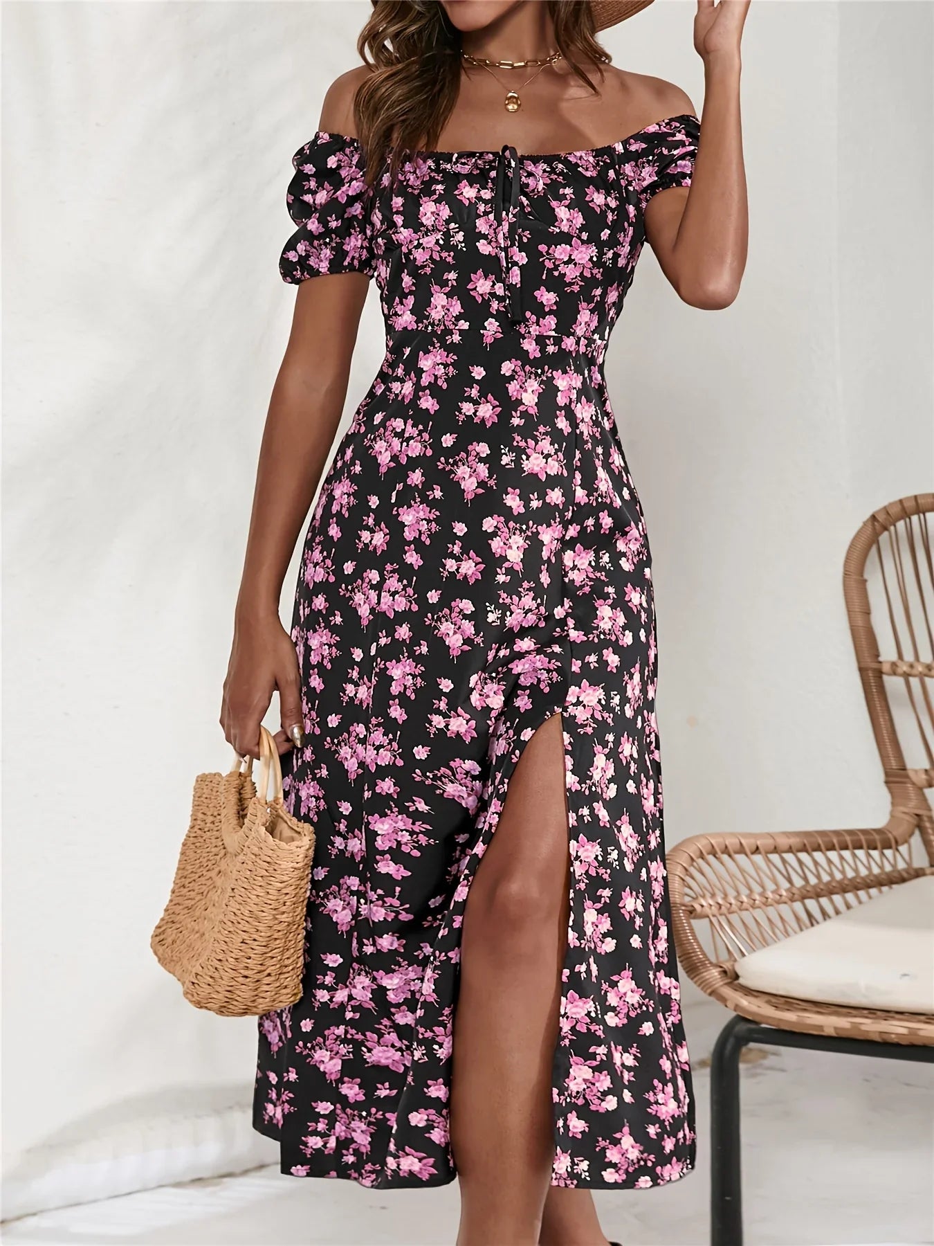 Robe à manches courtes fendue sur le côté à imprimé floral pour le printemps et l'été, vêtements pour femmes